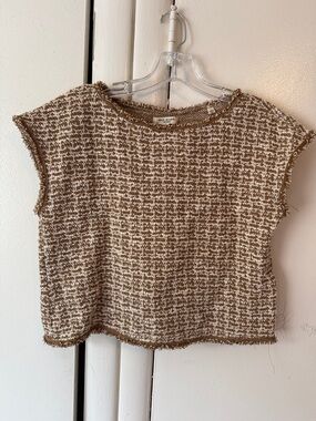 Max Studio Cream and Brown Tweed Crop Top